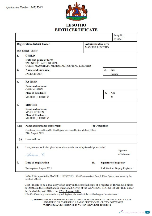 Download Lesotho birth certificate Word and PDF template Photoshop template